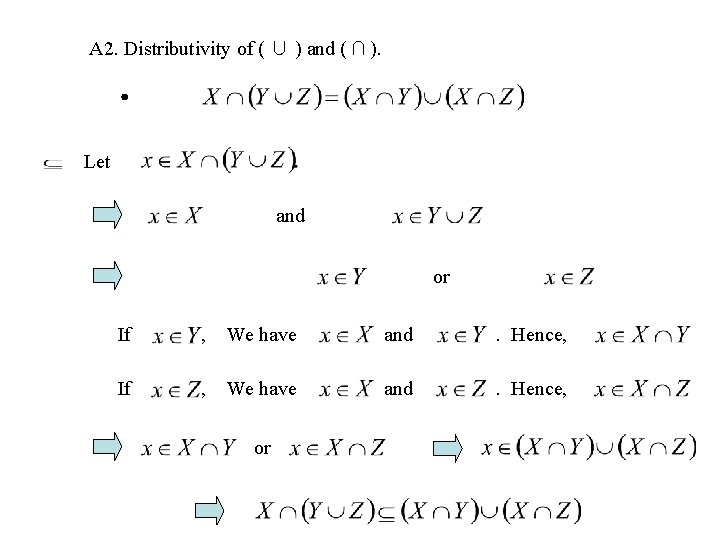 A 2. Distributivity of ( ∪ ) and ( ∩ ). Let and or