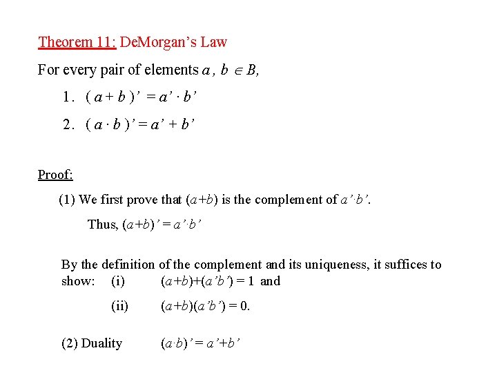 Theorem 11: De. Morgan’s Law For every pair of elements a , b B,