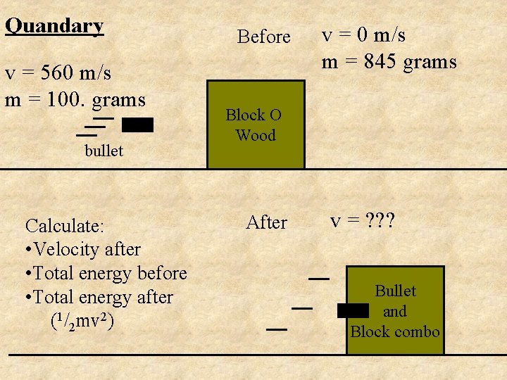 Quandary v = 560 m/s m = 100. grams bullet Calculate: • Velocity after