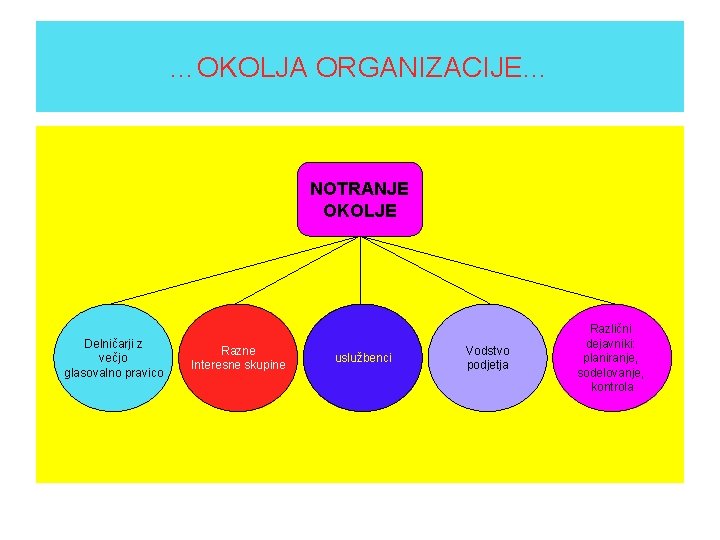 …OKOLJA ORGANIZACIJE… NOTRANJE OKOLJE Delničarji z večjo glasovalno pravico Razne Interesne skupine uslužbenci Vodstvo