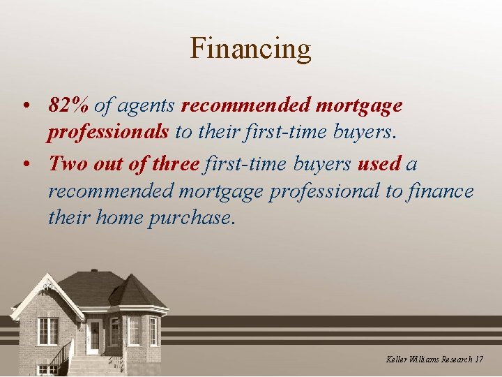 Financing • 82% of agents recommended mortgage professionals to their first-time buyers. • Two