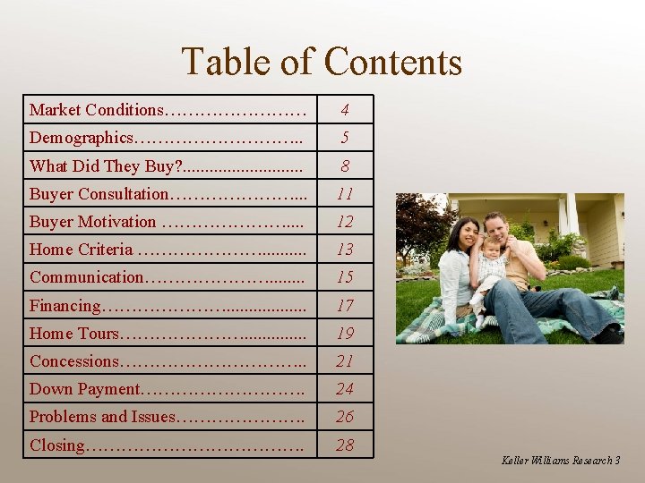 Table of Contents Market Conditions………… 4 Demographics……………. . 5 What Did They Buy? .