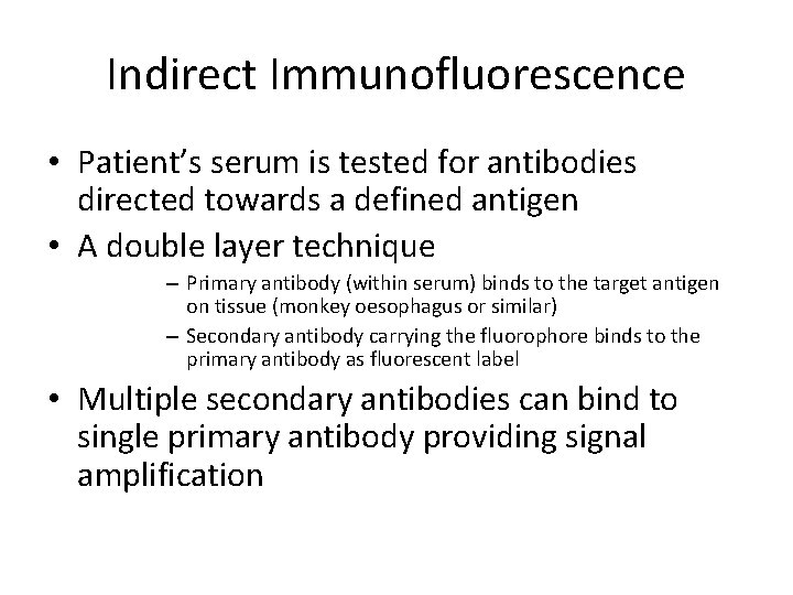 Indirect Immunofluorescence • Patient’s serum is tested for antibodies directed towards a defined antigen