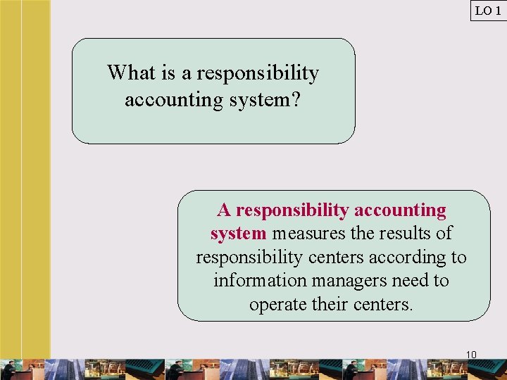LO 1 What is a responsibility accounting system? A responsibility accounting system measures the