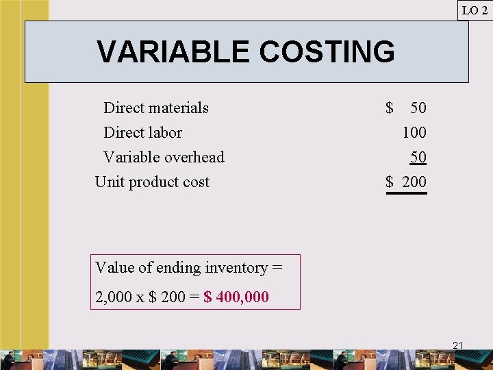 LO 2 VARIABLE COSTING Direct materials Direct labor Variable overhead Unit product cost $