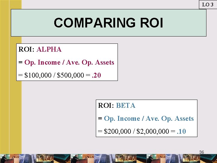LO 3 COMPARING ROI: ALPHA = Op. Income / Ave. Op. Assets = $100,