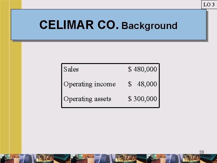 LO 3 CELIMAR CO. Background Sales $ 480, 000 Operating income $ 48, 000