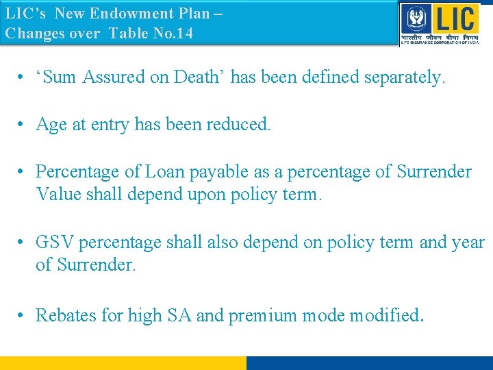 LIC’s New Endowment Plan – Changes over Table No. 14 • ‘Sum Assured on