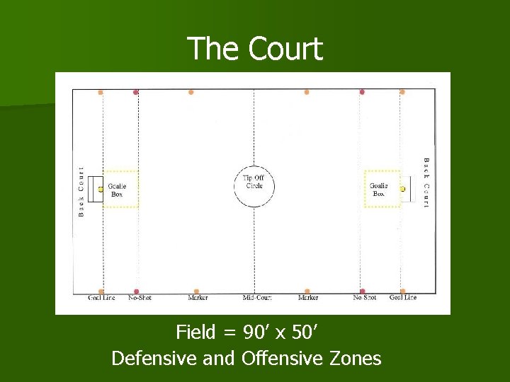 The Court Field = 90’ x 50’ Defensive and Offensive Zones 