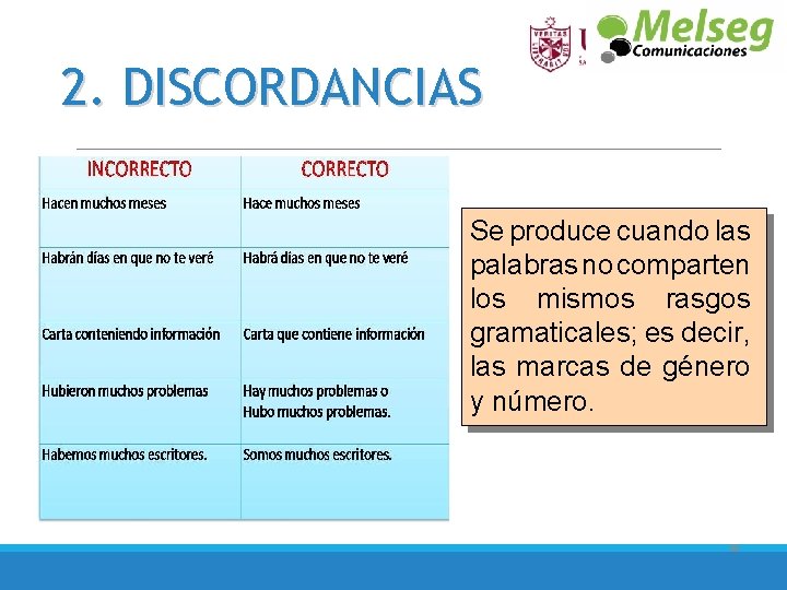 2. DISCORDANCIAS Se produce cuando las palabras no comparten los mismos rasgos gramaticales; es