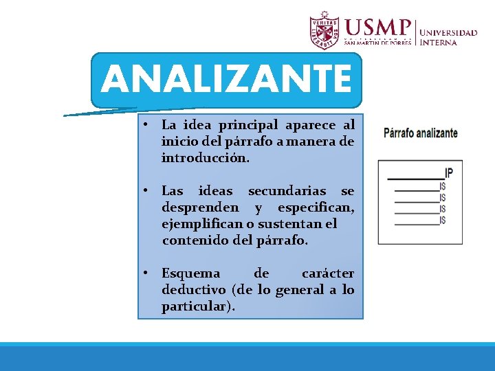 ANALIZANTE • La idea principal aparece al inicio del párrafo a manera de introducción.