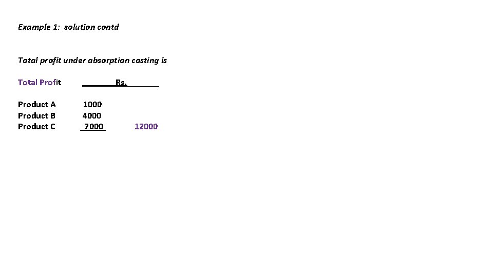 Example 1: solution contd Total profit under absorption costing is Total Profit Product A