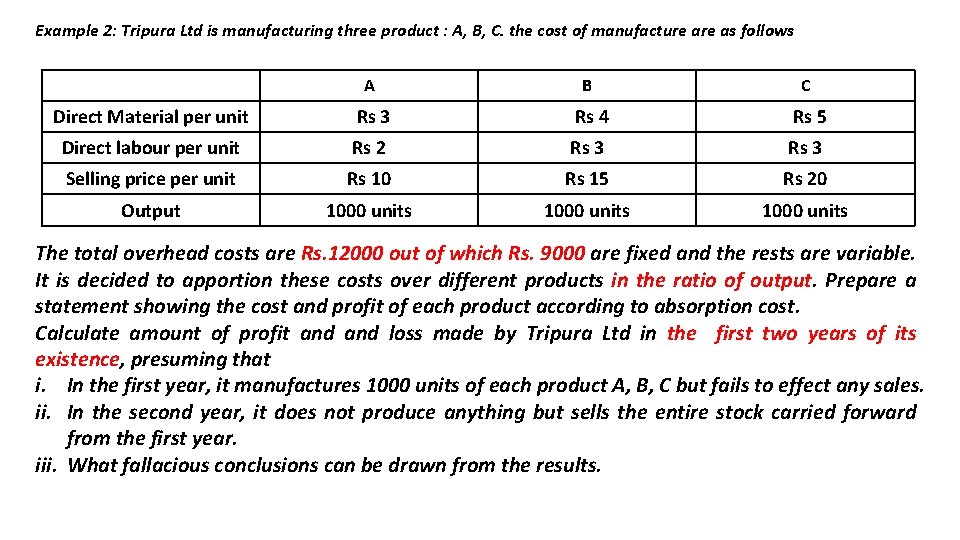 Example 2: Tripura Ltd is manufacturing three product : A, B, C. the cost