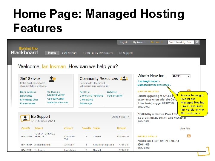 Home Page: Managed Hosting Features Access to Insight Report and Managed Hosting Links Resources