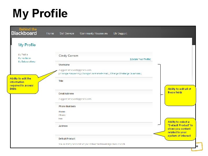 My Profile Ability to edit the information required to access Bt. Bb Ability to