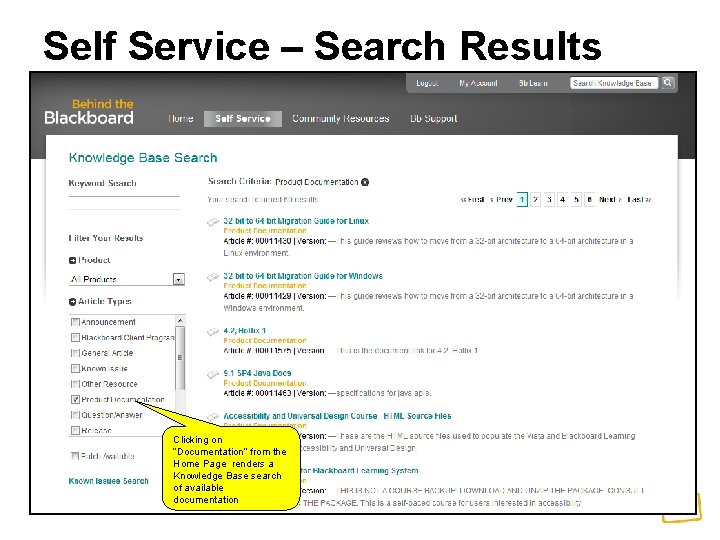 Self Service – Search Results Clicking on “Documentation” from the Home Page renders a