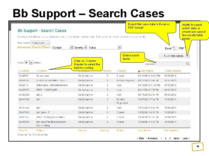 Bb Support – Search Cases Export this case data in Excel or PDF format