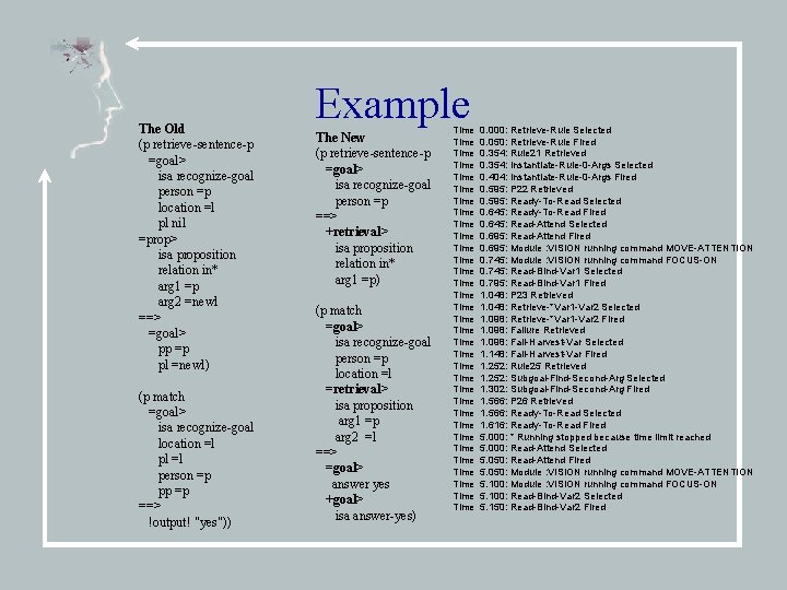 The Old (p retrieve-sentence-p =goal> isa recognize-goal person =p location =l pl nil =prop>