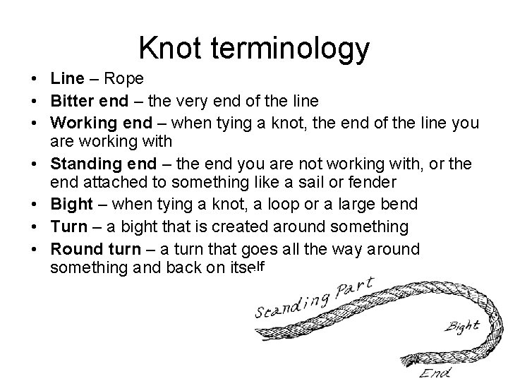 Knot terminology • Line – Rope • Bitter end – the very end of