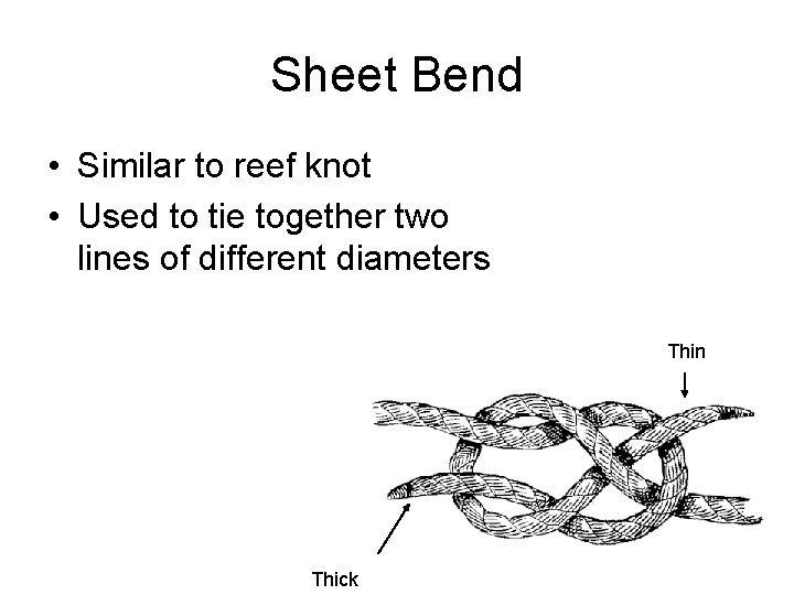 Sheet Bend • Similar to reef knot • Used to tie together two lines