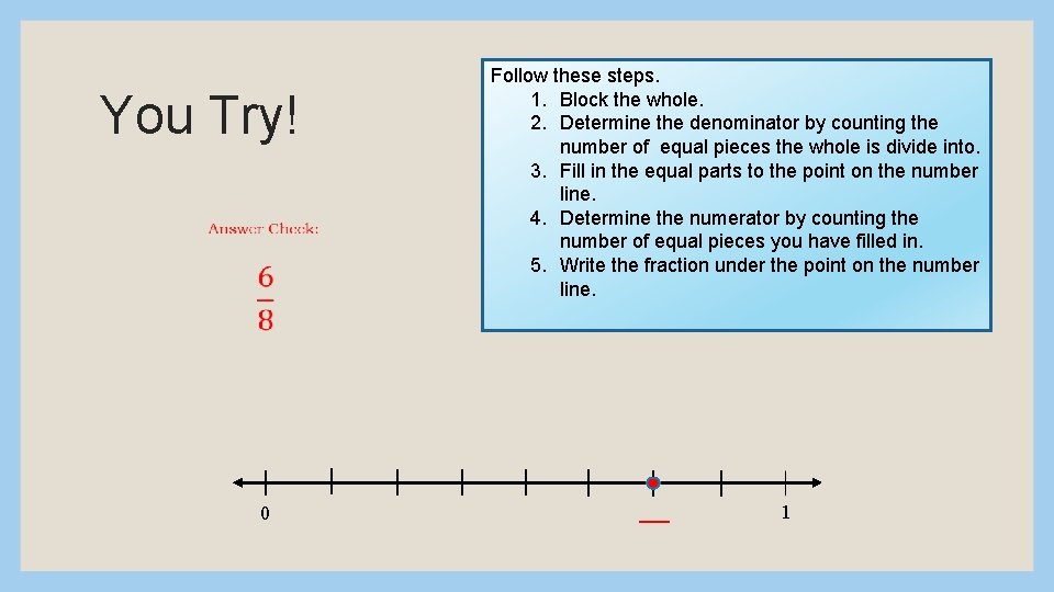 You Try! 0 Follow these steps. 1. Block the whole. 2. Determine the denominator