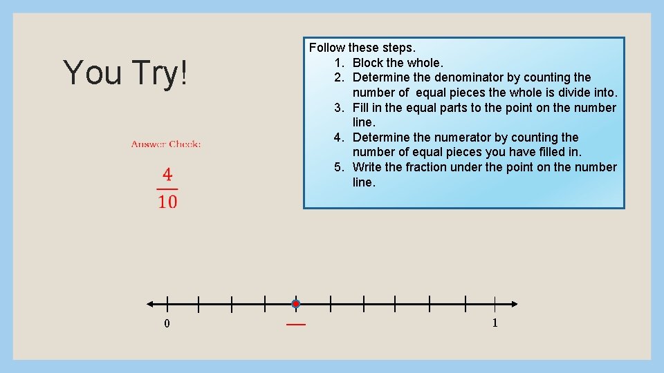 You Try! 0 Follow these steps. 1. Block the whole. 2. Determine the denominator