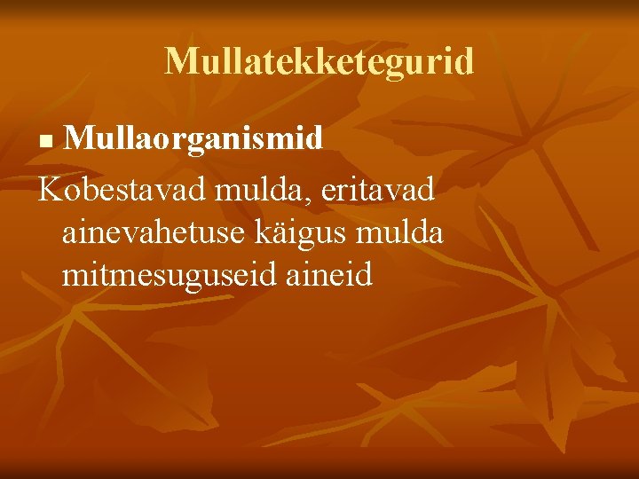 Mullatekketegurid Mullaorganismid Kobestavad mulda, eritavad ainevahetuse käigus mulda mitmesuguseid aineid n 