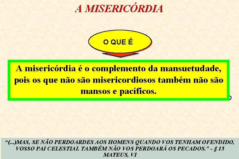 A MISERICÓRDIA O QUE É Ø- ESQUECIMENTO A misericórdia é o complemento da mansuetudade,