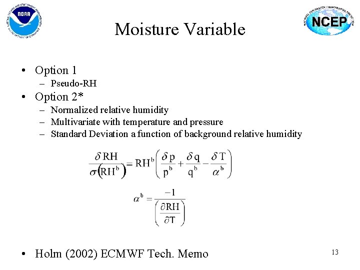 Moisture Variable • Option 1 – Pseudo-RH • Option 2* – Normalized relative humidity