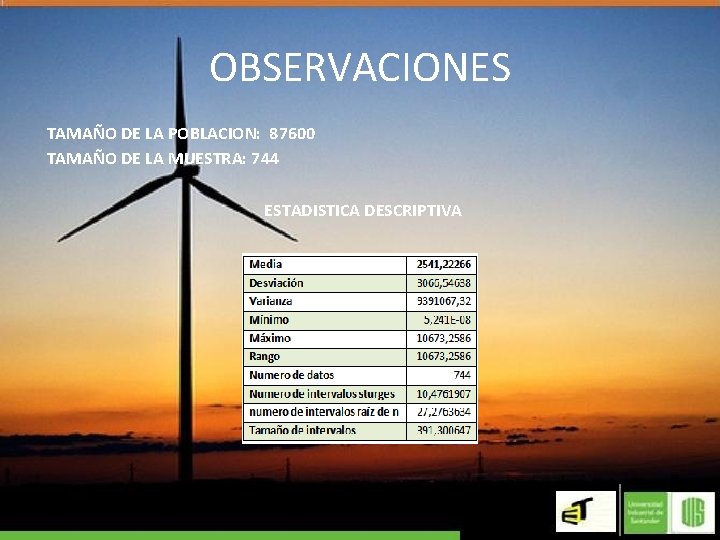 OBSERVACIONES TAMAÑO DE LA POBLACION: 87600 TAMAÑO DE LA MUESTRA: 744 ESTADISTICA DESCRIPTIVA 