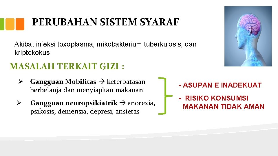 PERUBAHAN SISTEM SYARAF Akibat infeksi toxoplasma, mikobakterium tuberkulosis, dan kriptokokus MASALAH TERKAIT GIZI :