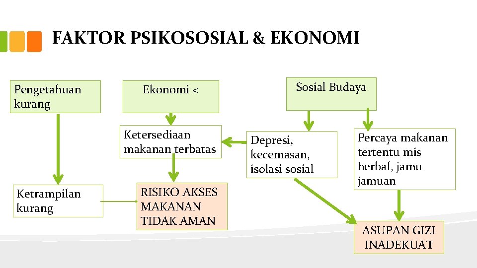 FAKTOR PSIKOSOSIAL & EKONOMI Pengetahuan kurang Ekonomi < Ketersediaan makanan terbatas Ketrampilan kurang RISIKO