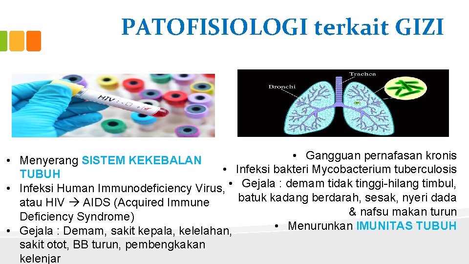 PATOFISIOLOGI terkait GIZI • Gangguan pernafasan kronis • Menyerang SISTEM KEKEBALAN • Infeksi bakteri