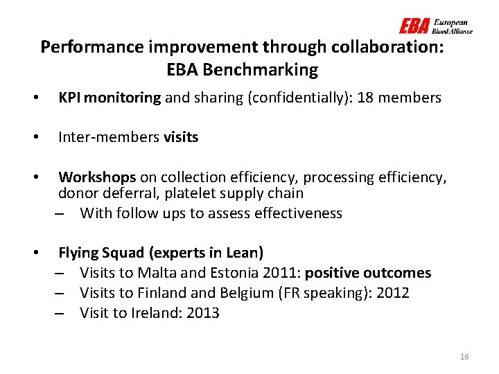 Performance improvement through collaboration: EBA Benchmarking • KPI monitoring and sharing (confidentially): 18 members