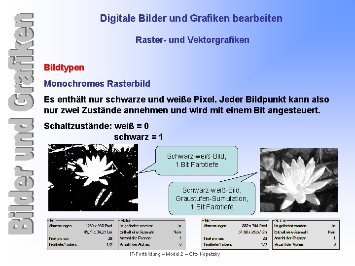 Digitale Bilder und Grafiken bearbeiten Raster- und Vektorgrafiken Bildtypen Monochromes Rasterbild Es enthält nur