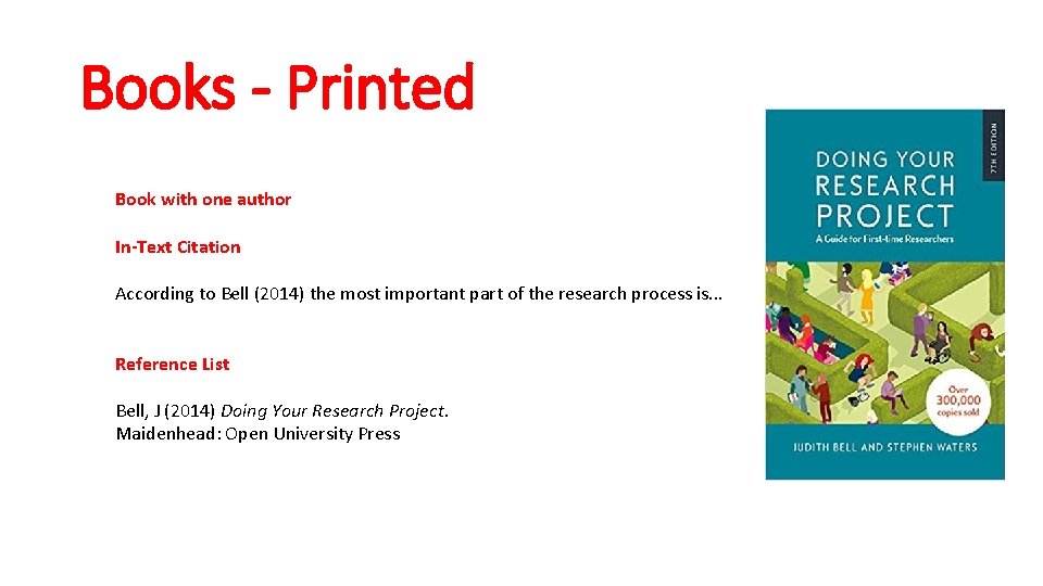 Books - Printed Book with one author In-Text Citation According to Bell (2014) the