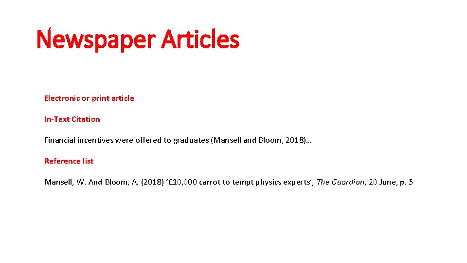 Newspaper Articles Electronic or print article In-Text Citation Financial incentives were offered to graduates