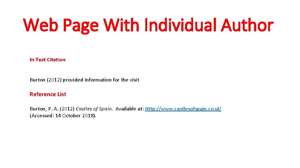 Web Page With Individual Author In Text Citation Burton (2012) provided information for the