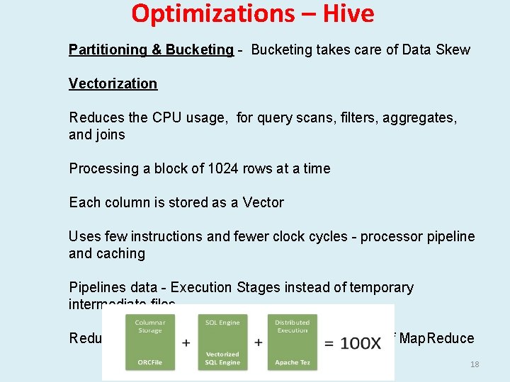 Optimizations – Hive Partitioning & Bucketing - Bucketing takes care of Data Skew Vectorization