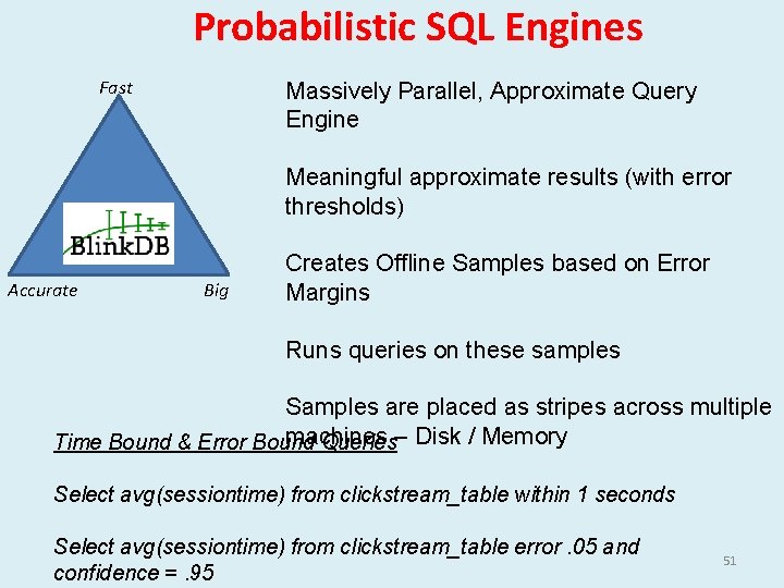 Probabilistic SQL Engines Fast Massively Parallel, Approximate Query Engine Meaningful approximate results (with error