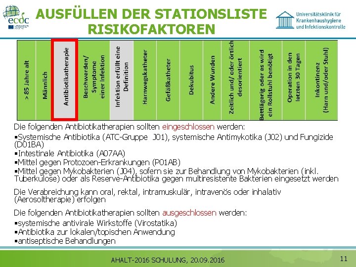 AUSFÜLLEN DER STATIONSLISTE RISIKOFAKTOREN Die folgenden Antibiotikatherapien sollten eingeschlossen werden: §Systemische Antibiotika (ATC-Gruppe J