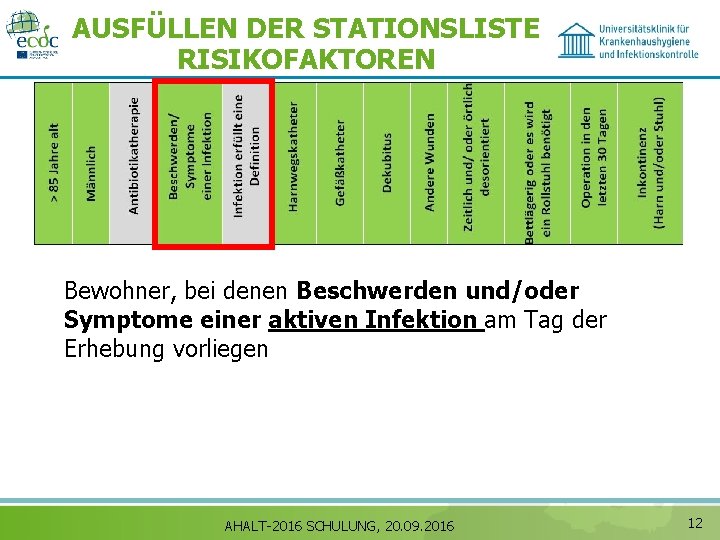 AUSFÜLLEN DER STATIONSLISTE RISIKOFAKTOREN Bewohner, bei denen Beschwerden und/oder Symptome einer aktiven Infektion am