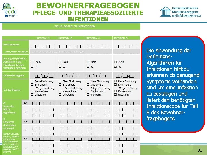 BEWOHNERFRAGEBOGEN PFLEGE- UND THERAPIEASSOZIIERTE INFEKTIONEN Die Anwendung der Definitions. Algorithmen für Infektionen hilft zu