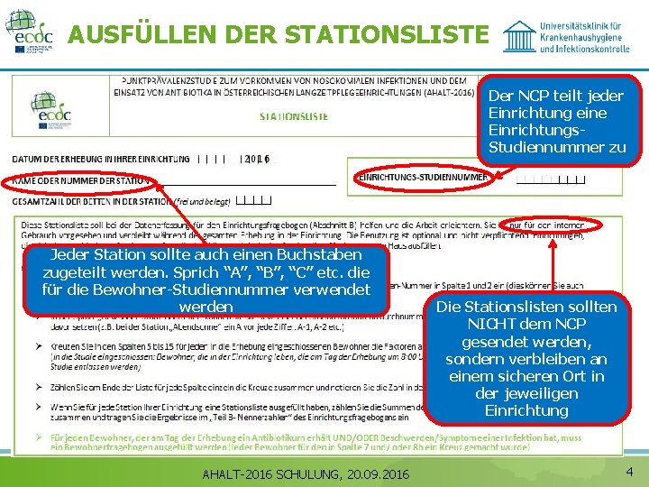 AUSFÜLLEN DER STATIONSLISTE Der NCP teilt jeder Einrichtung eine Einrichtungs. Studiennummer zu Jeder Station