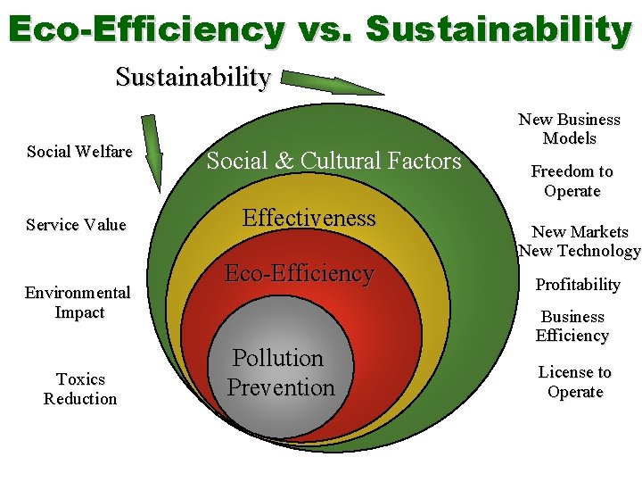 Eco-Efficiency vs. Sustainability Social Welfare Service Value Environmental Impact Toxics Reduction Social & Cultural
