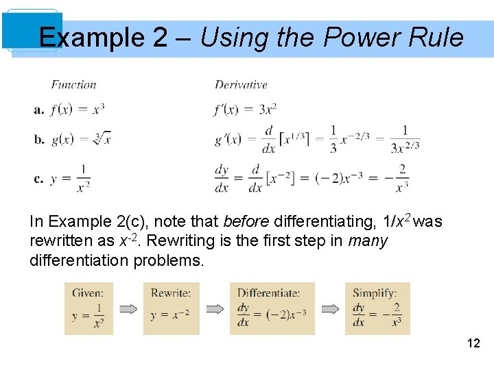 Example 2 – Using the Power Rule In Example 2(c), note that before differentiating,