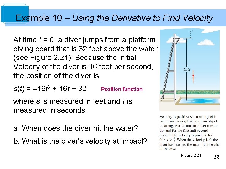 Example 10 – Using the Derivative to Find Velocity At time t = 0,