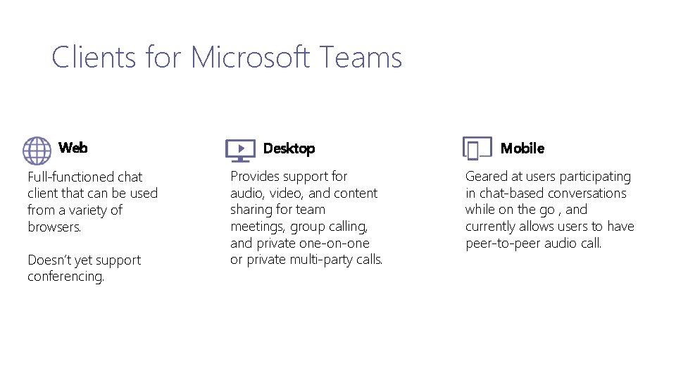 Clients for Microsoft Teams Web Full-functioned chat client that can be used from a