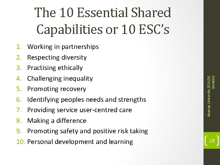 1. Working in partnerships 2. Respecting diversity 3. Practising ethically 4. Challenging inequality 5.
