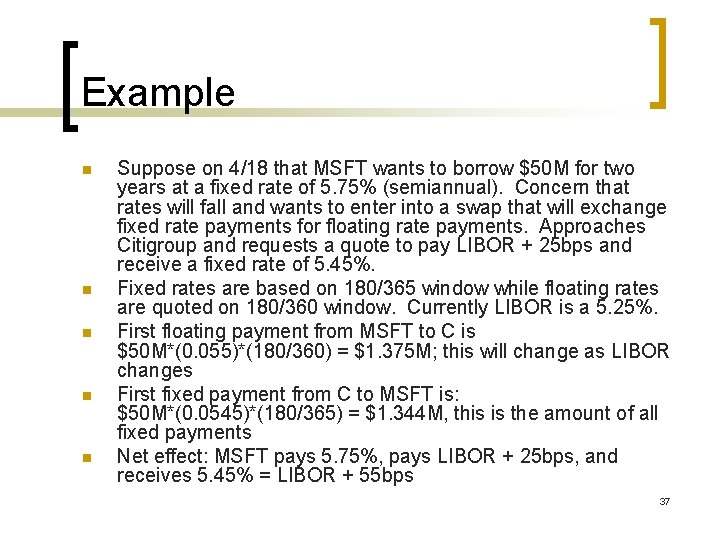 Example n n n Suppose on 4/18 that MSFT wants to borrow $50 M